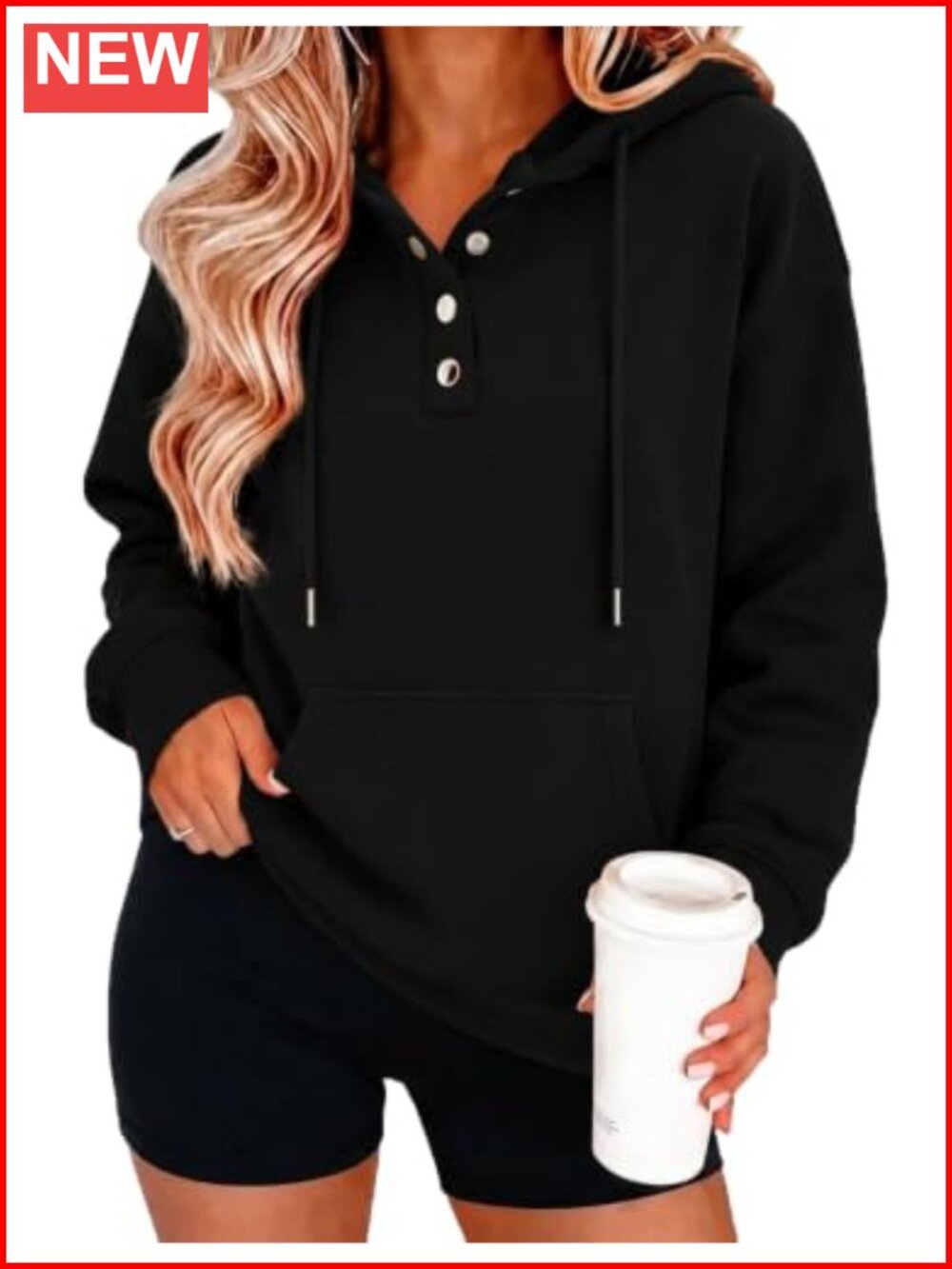 Women's Button Front Hoodie V-Neck Oversized Sweatshirt